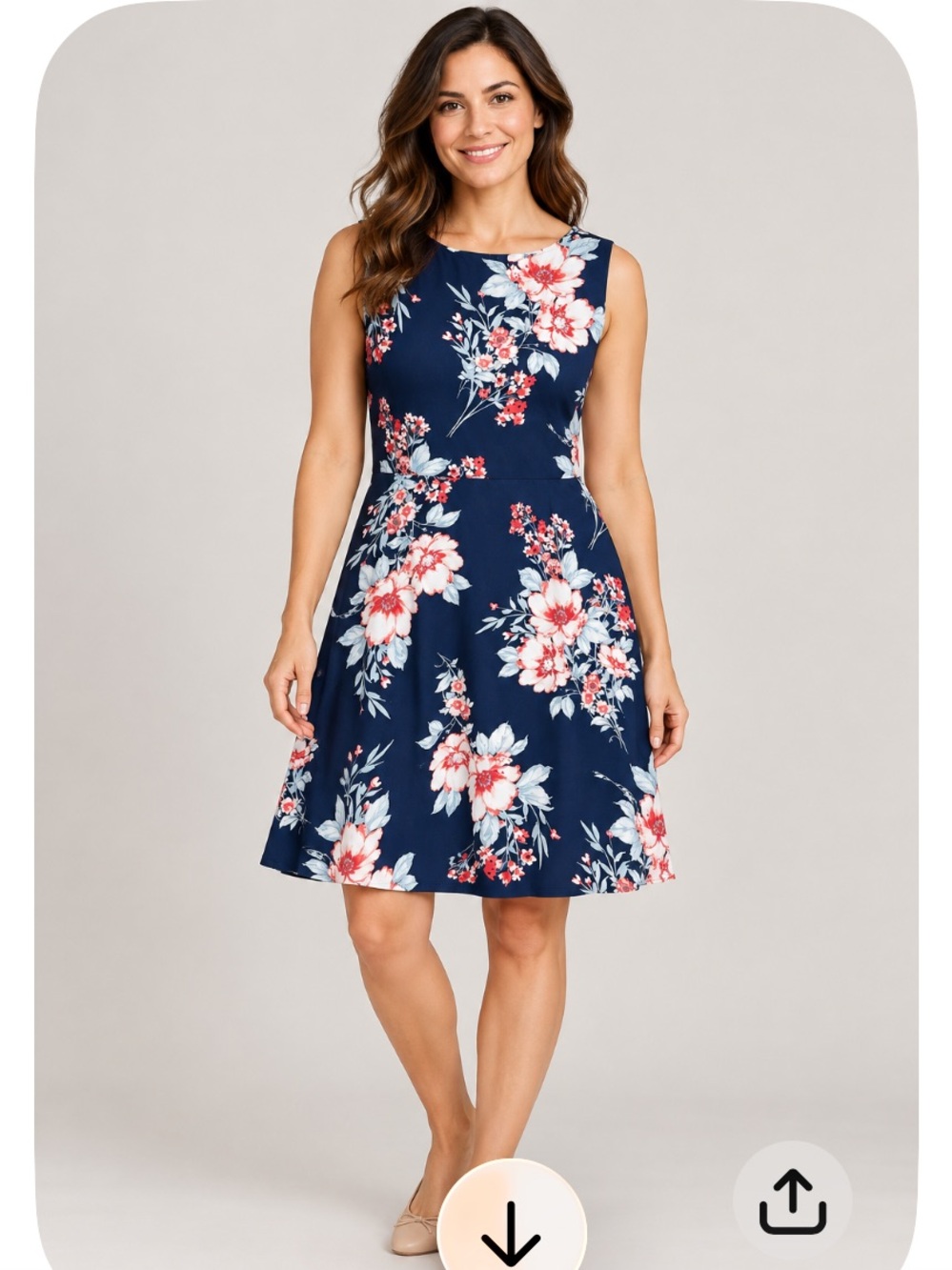 Studio one New York Floral Navy Sleeveless Midi Dress with Coral Blooms